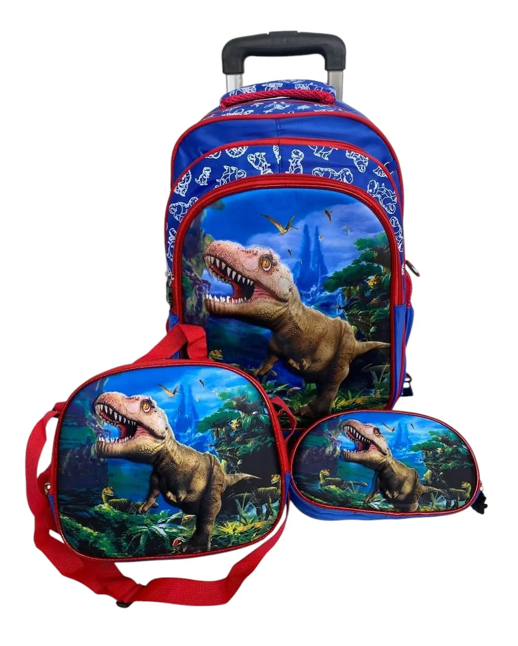 Morral Escolar Trio Con Rueditas Para Niño X 3 -  Dinosaurio