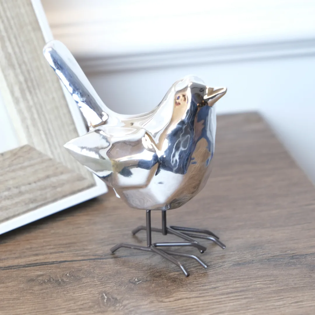 Pajaro Decorativo Plata En Ceramica Lafe