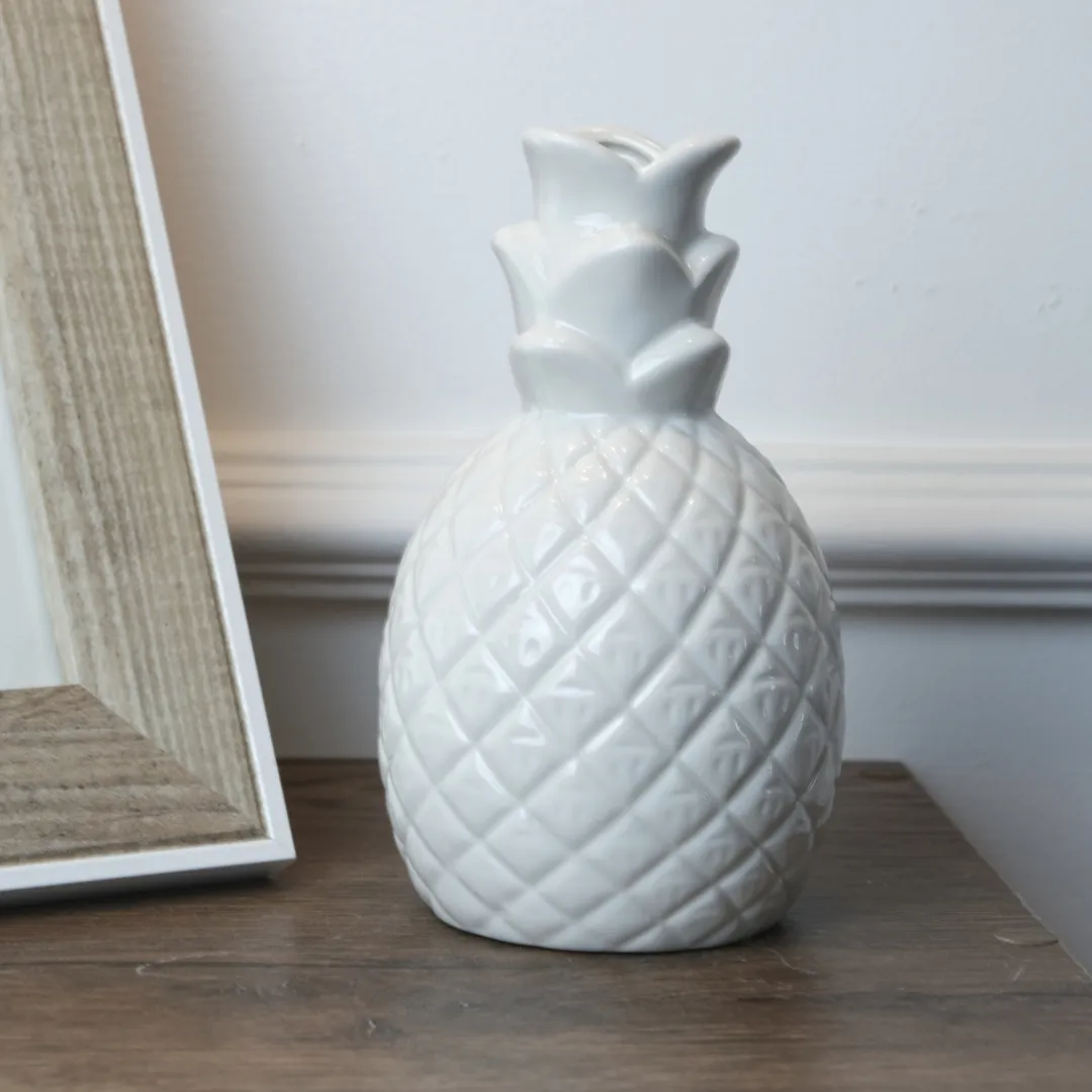 Piña Decorativa Mediana Blanco En Ceramica