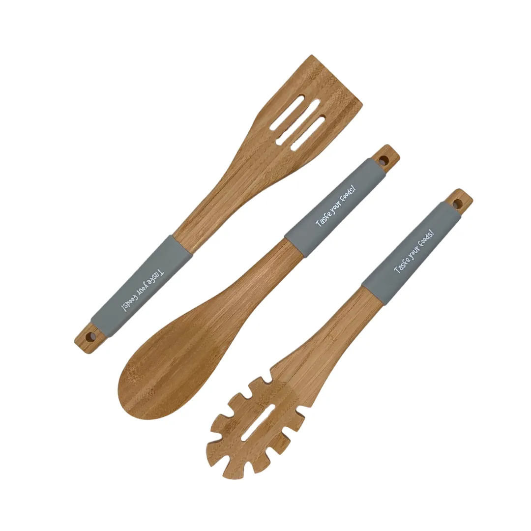 Set De Utensilios De Cocina Gris x3 En Bambú Casasunco