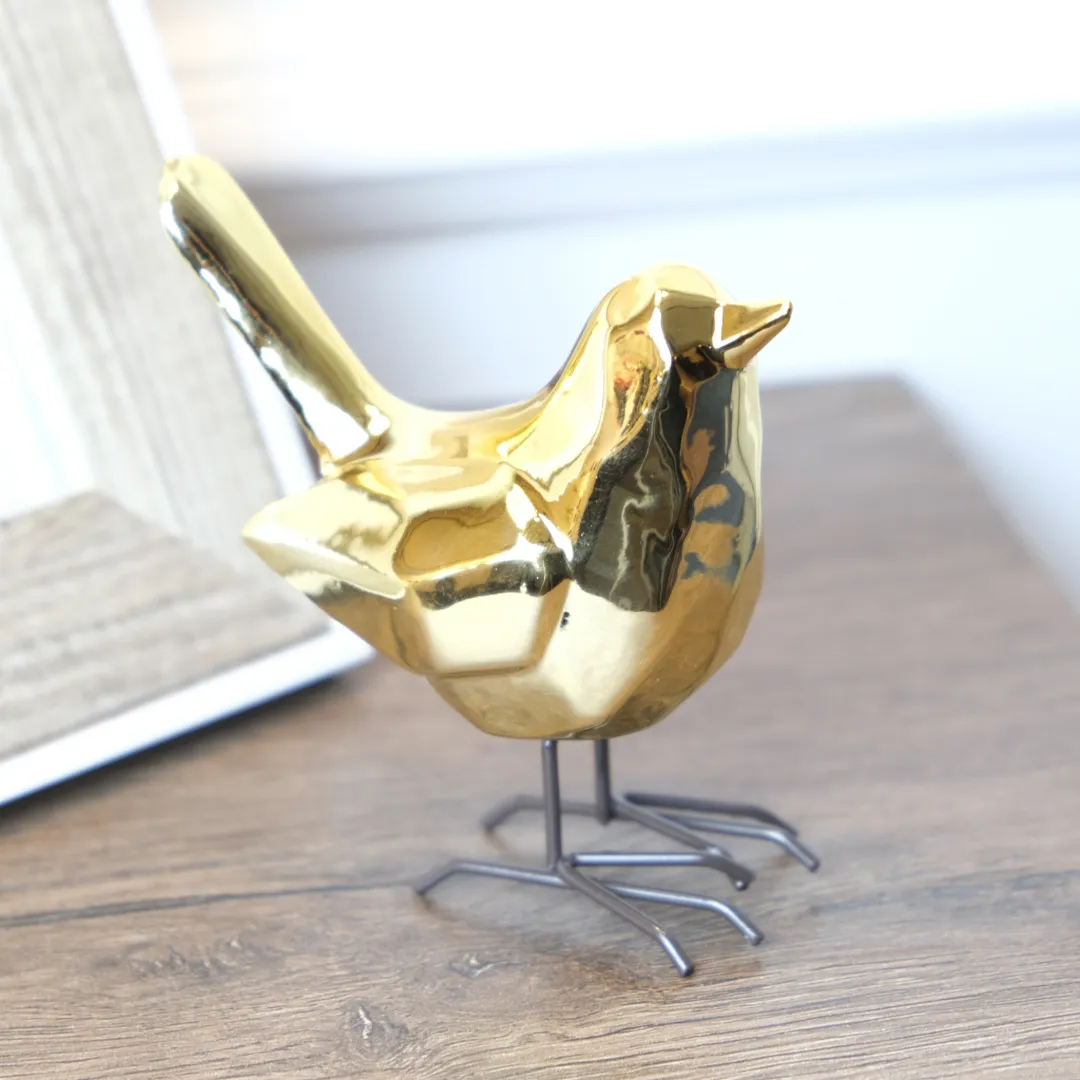 Pajaro Decorativo Dorado En Ceramica Lafe