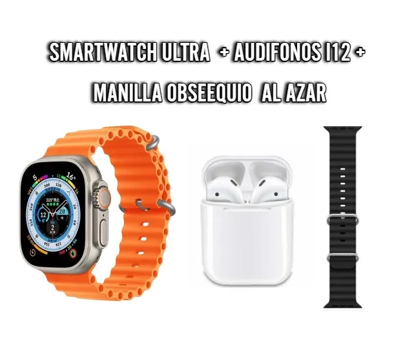 Reloj Smartwatch Ultra Naranjado Con Obsequio De Audífono Bluetooth I12 Con 2 Pulsos.