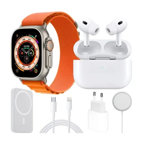 Combo Reloj Watch X8 Ultra + Audifonos In Ear + Power Bank Malla Color Naranja