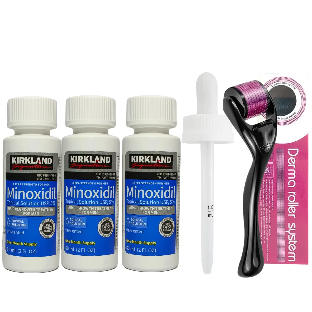 Minoxidil 5% Kirkland x3 Unidades  y Dermaroller 0.5