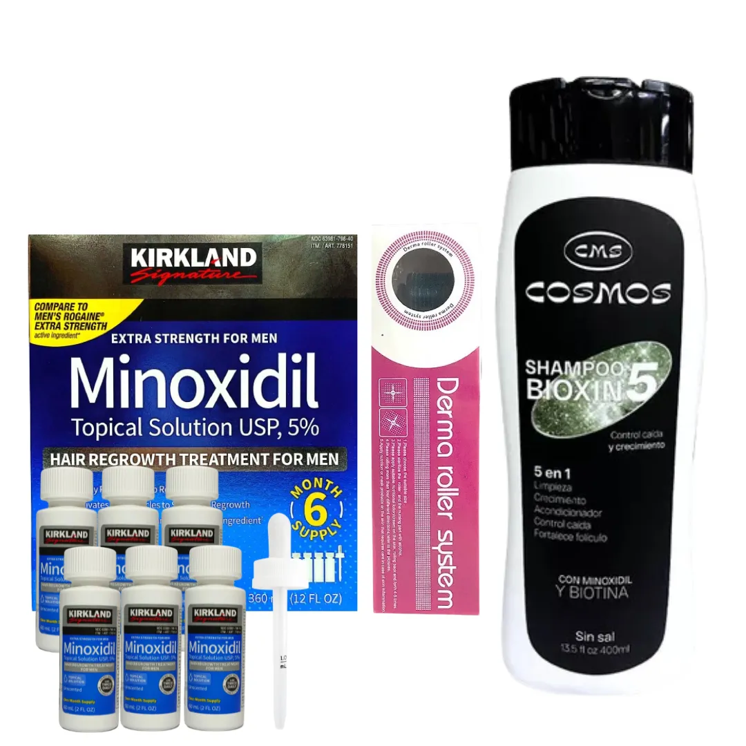 Caja Minoxidil 5% Kirkland x 6 Und + Dermaroller 0.5 + Shampoo Anti Caida