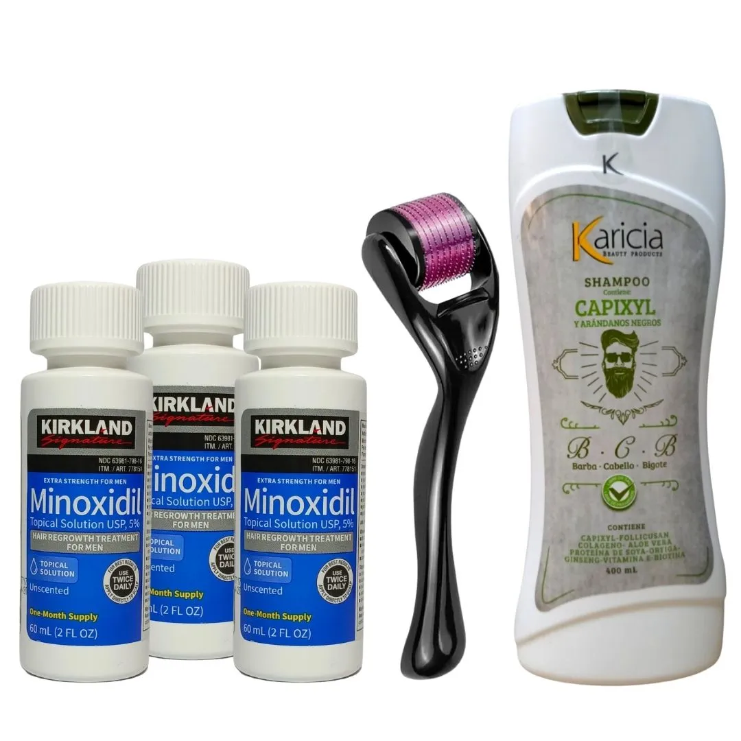 Kit Crecimiento Minoxidil 5% Kirkland x 3 Und +  Dermaroller 0.5 + Shampoo Anti Caida Karicia