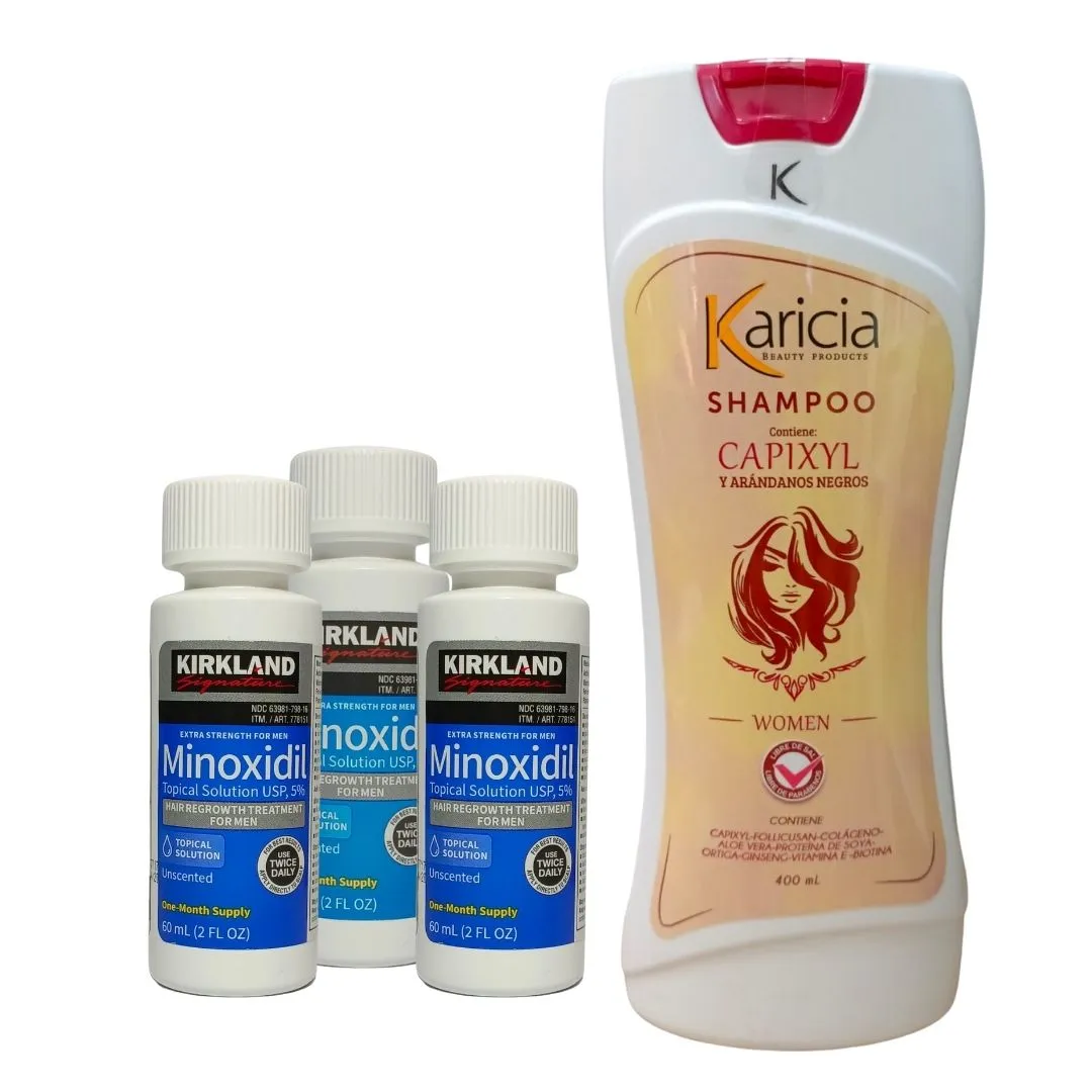 Kit Crecimiento y Anti Caida Minoxidil 5% Kirkland x 3 Und + Shampoo Anti Caida Karicia Mujer