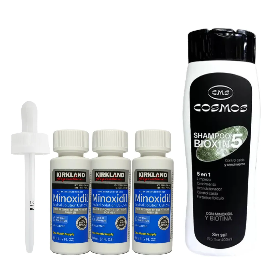 Minoxidil 5% Kirkland x 3 Und +  Shampoo Anti Caida con Minoxidil 