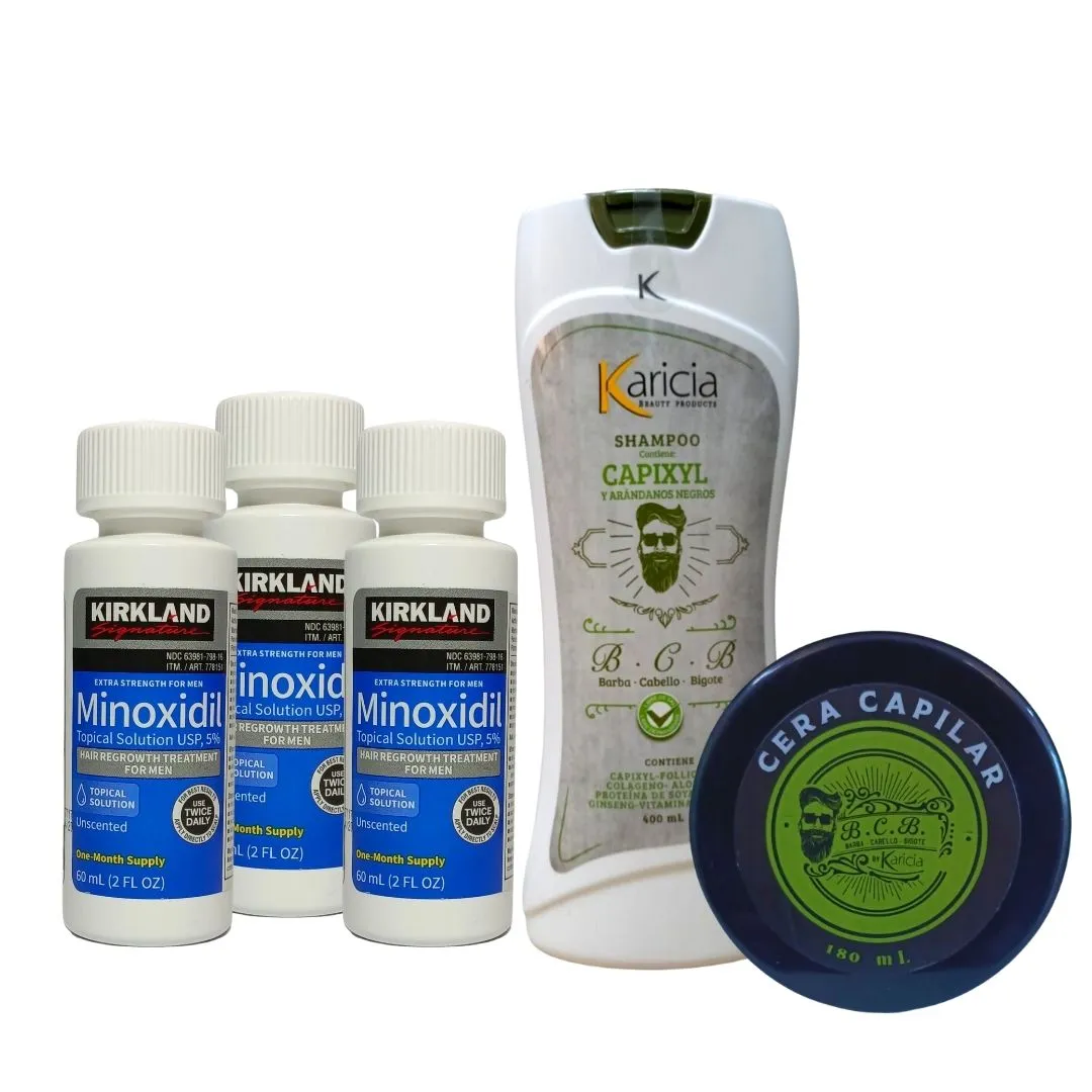 3 Und Minoxidil 5% Kirkland + Shampoo Anti Caida Karicia +  Crema para Peinar con Minoxidil