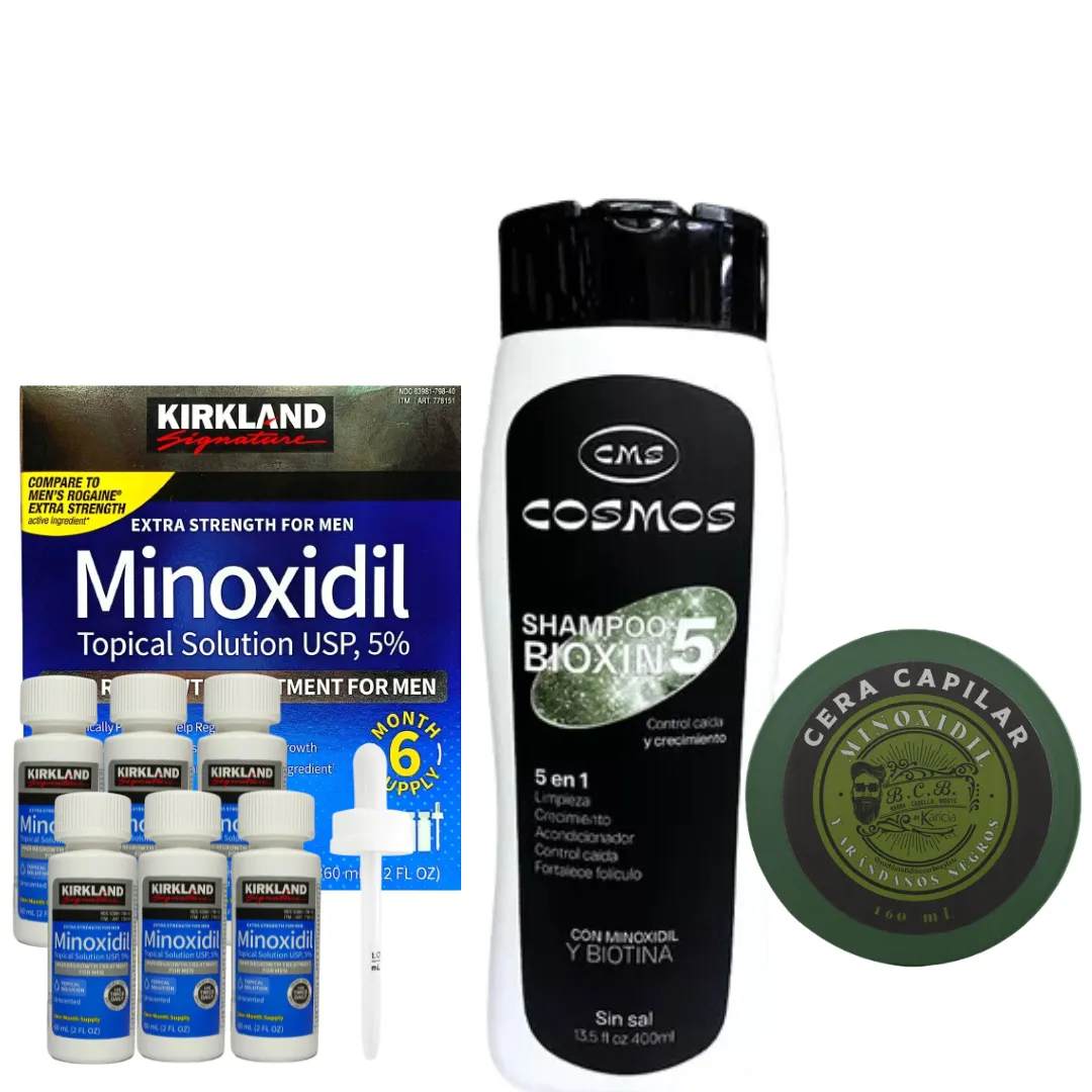 Caja Minoxidil Kirkland x 6 Und + Shampoo Anti Caida+ Crema para Peinar con Minoxidil