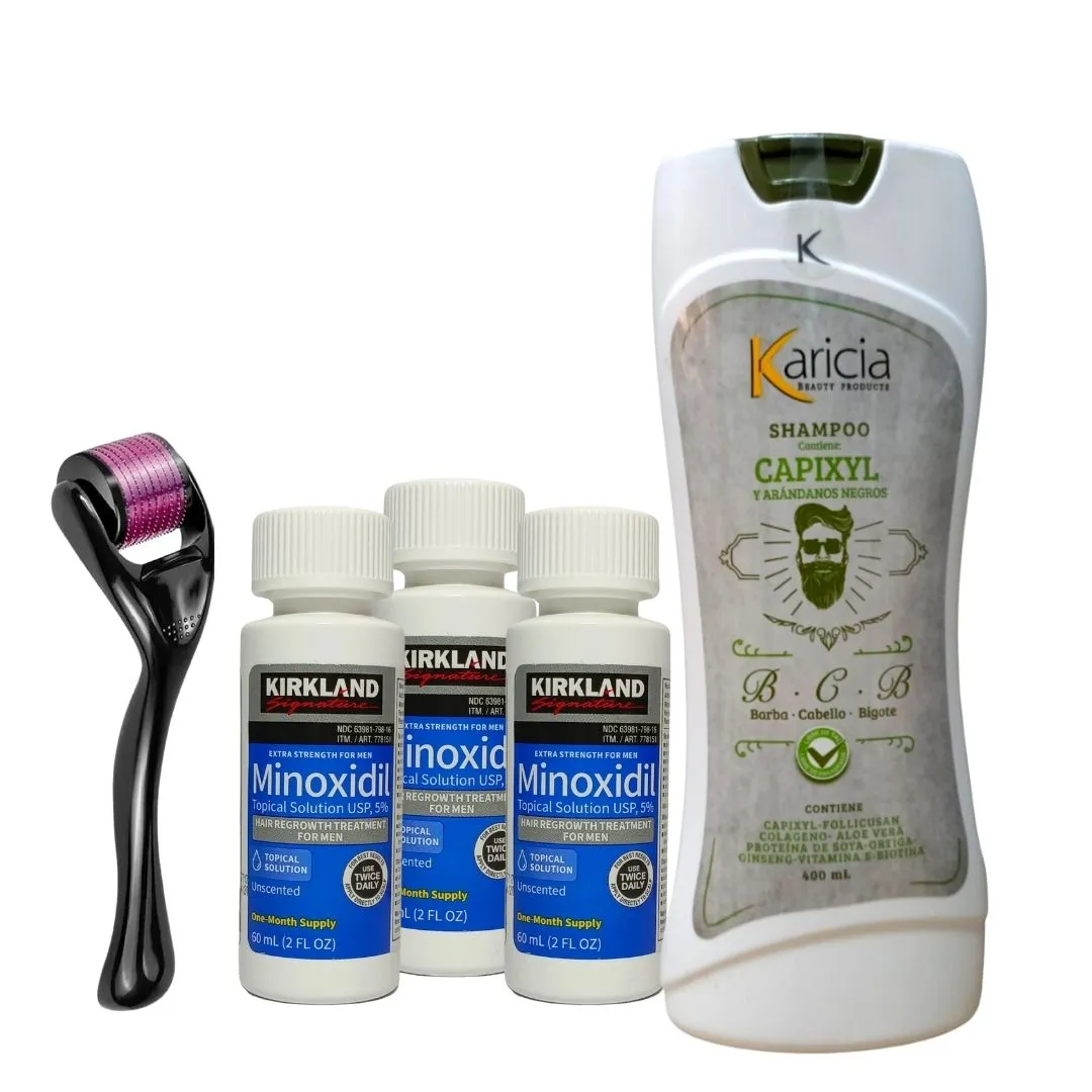 Kit Crecimiento Minoxidil 5% Kirkland x 3 Und +  Dermaroller 0.5 + Shampoo Anti Caida Karicia