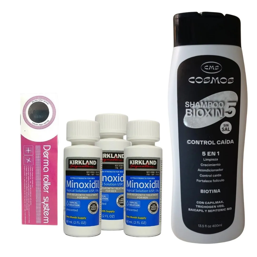 Minoxidil 5% Kirkland x 3 Und +  Dermaroller 0.5 + Shampoo Crecimiento Bioxin5