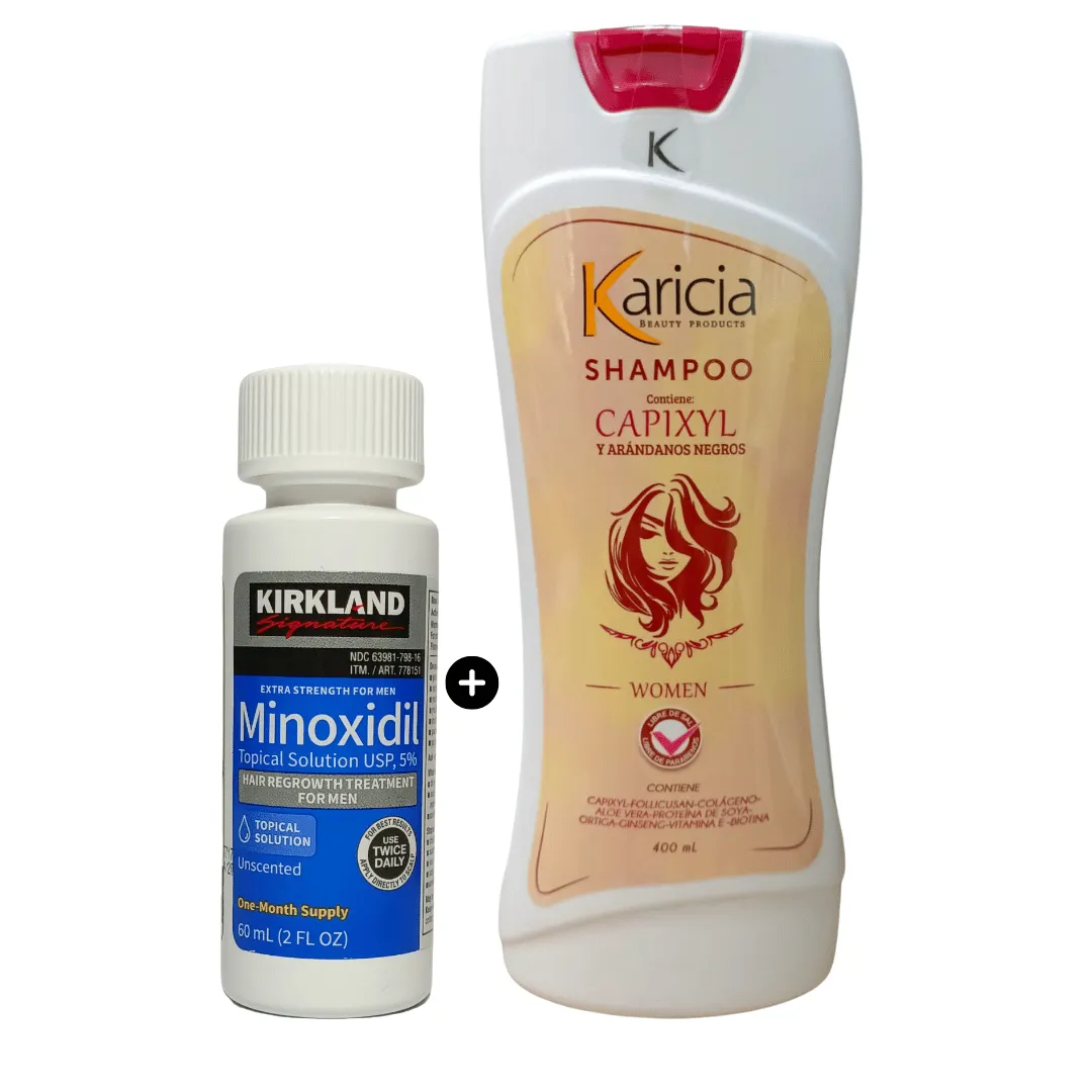 Kit Crecimiento y Anti Caida Minoxidil 5% Kirkland x 1 Und + Shampoo Anti Caida Karicia Mujer