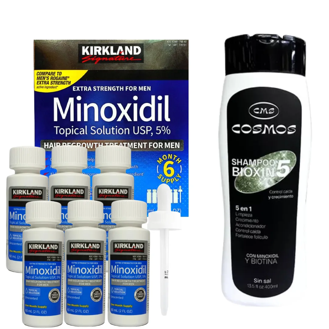 Caja Minoxidil 5% Kirkland x 6 Und+ Shampoo Anti Caida con Minoxidil 