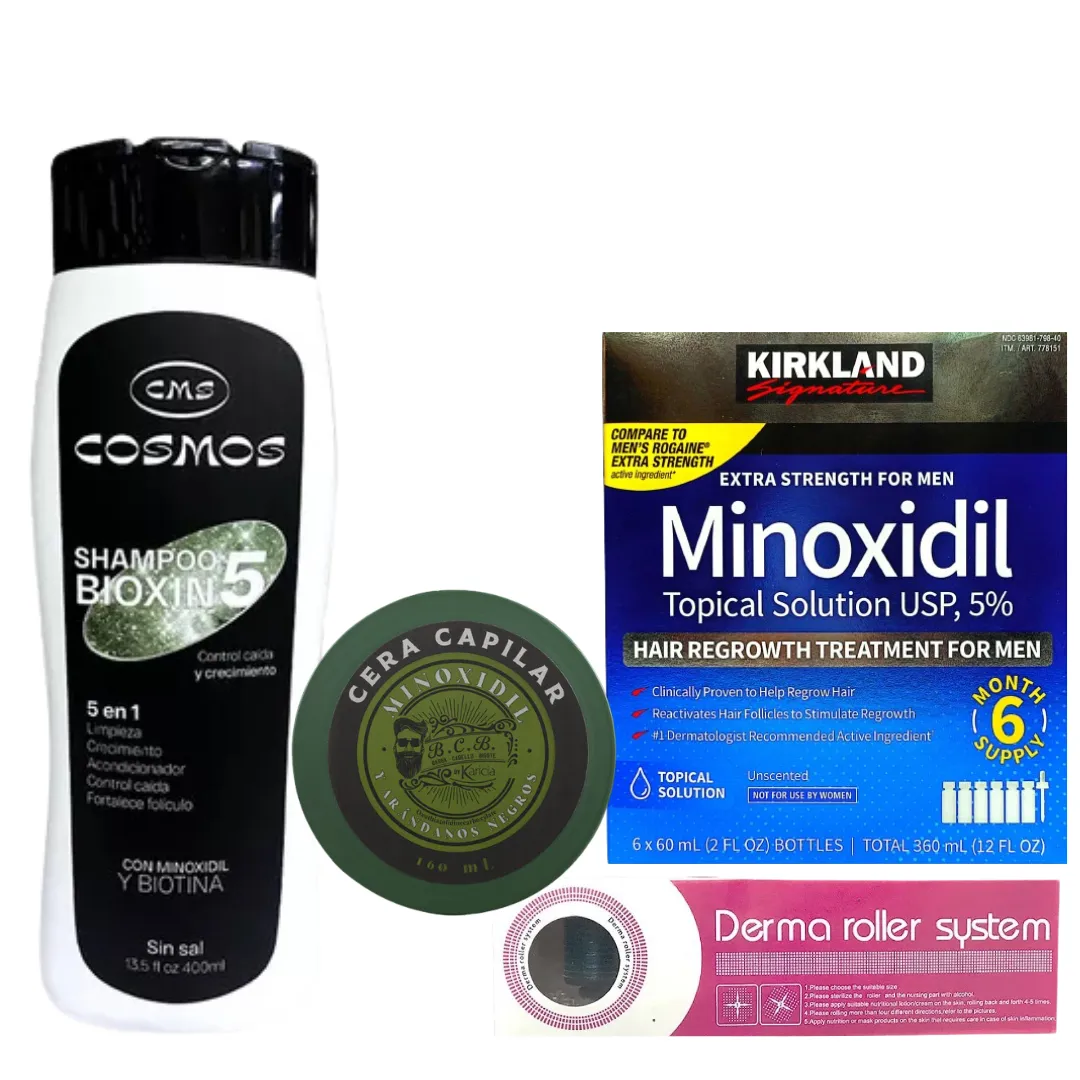 Caja Minoxidil Kirkland + Dermaroller  + Shampoo Anti Caida + Crema para Peinar con Minoxidil