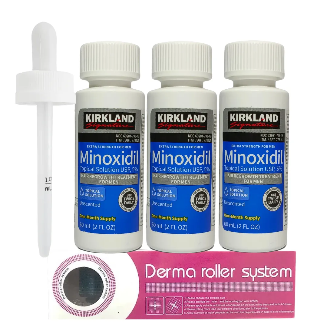 Minoxidil 5% Kirkland x3 Unidades  y Dermaroller 0.5