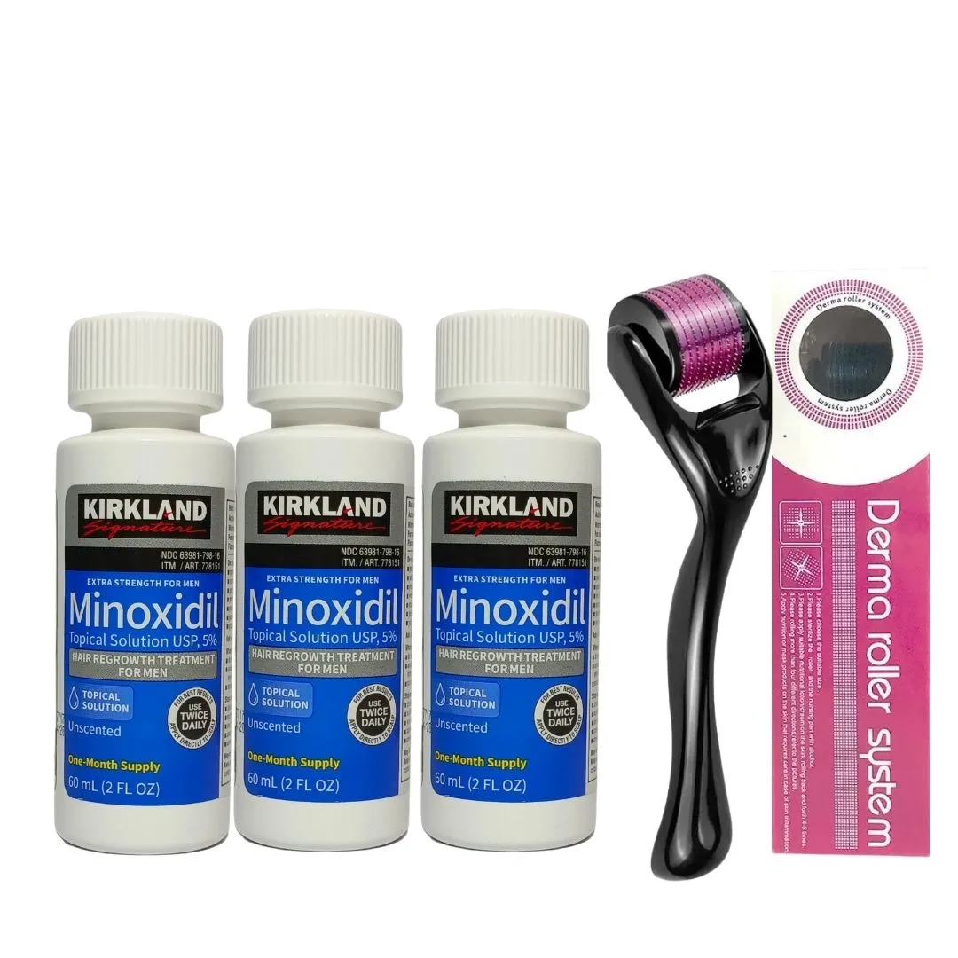 Kit Recuperación Cabello Minoxidil 5% Kirkland x3 Unidades  y Dermaroller 0.5