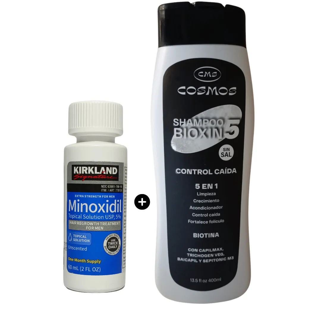 Kit Crecimiento Minoxidil 5% Kirkland x1 Und + Shampoo Crecimiento Bioxin5