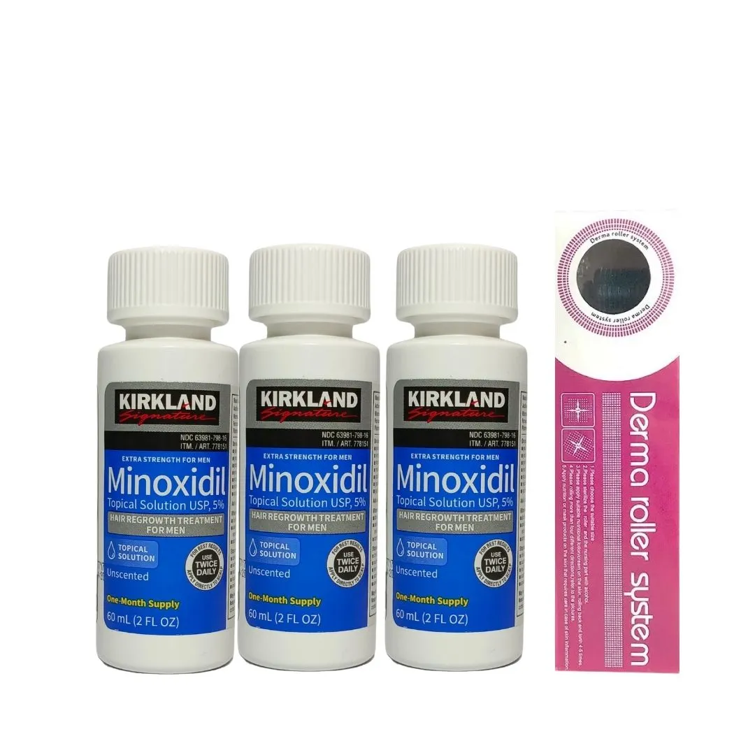 Kit Recuperación Cabello Minoxidil 5% Kirkland x3 Unidades  y Dermaroller 0.5