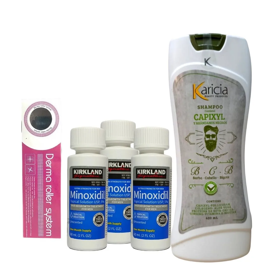 Kit Crecimiento Minoxidil 5% Kirkland x 3 Und +  Dermaroller 0.5 + Shampoo Anti Caida Karicia