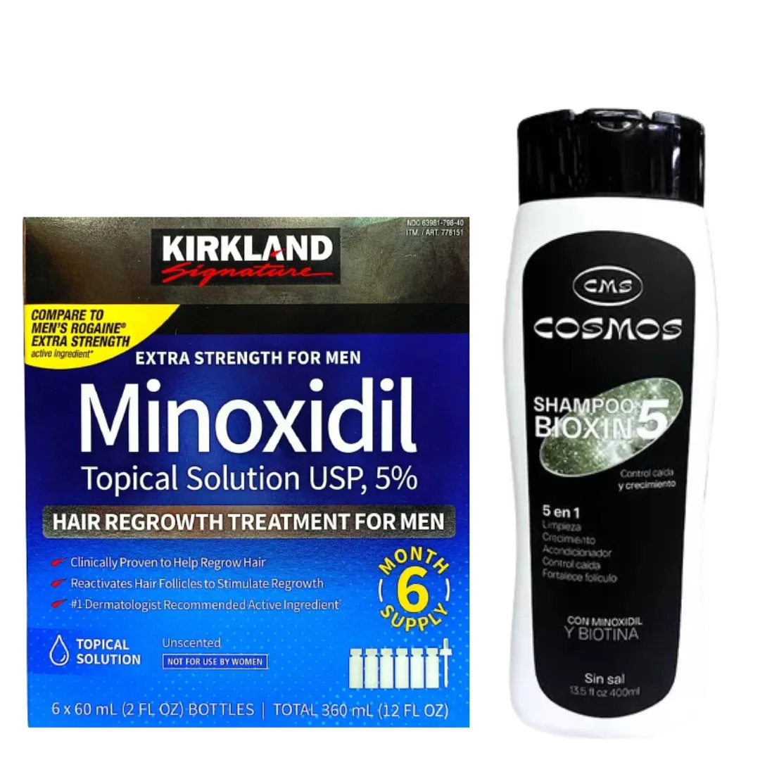 Caja Minoxidil 5% Kirkland x 6 Und+ Shampoo Anti Caida con Minoxidil 