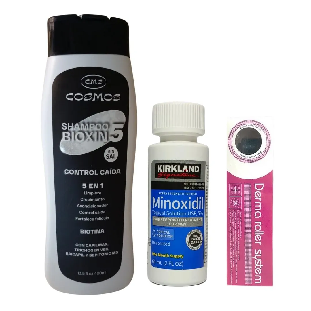 Kit Crecimiento 1 minoxidil 5% + 1 dermaroller + 1 Shampoo Crecimiento Bioxin 5