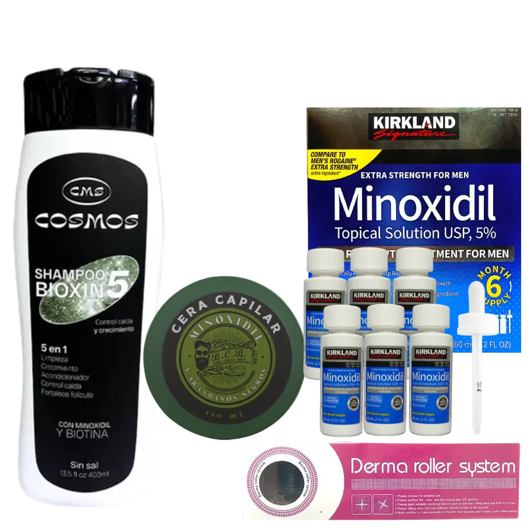 Caja Minoxidil Kirkland + Dermaroller  + Shampoo Anti Caida + Crema para Peinar con Minoxidil