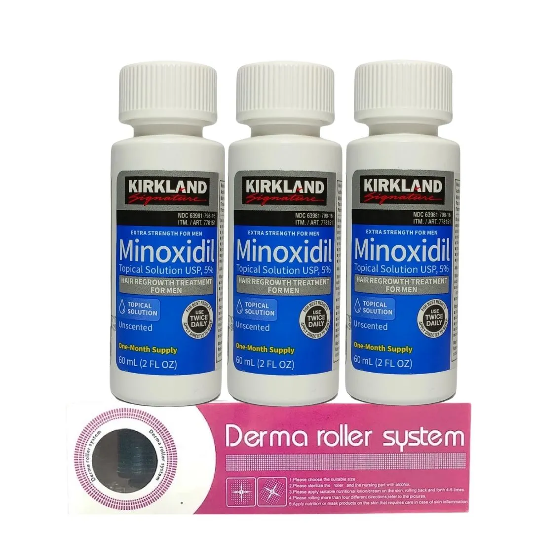 Kit Recuperación Cabello Minoxidil 5% Kirkland x3 Unidades  y Dermaroller 0.5