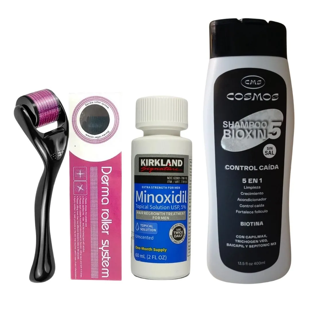 Kit Crecimiento 1 minoxidil 5% + 1 dermaroller + 1 Shampoo Crecimiento Bioxin 5