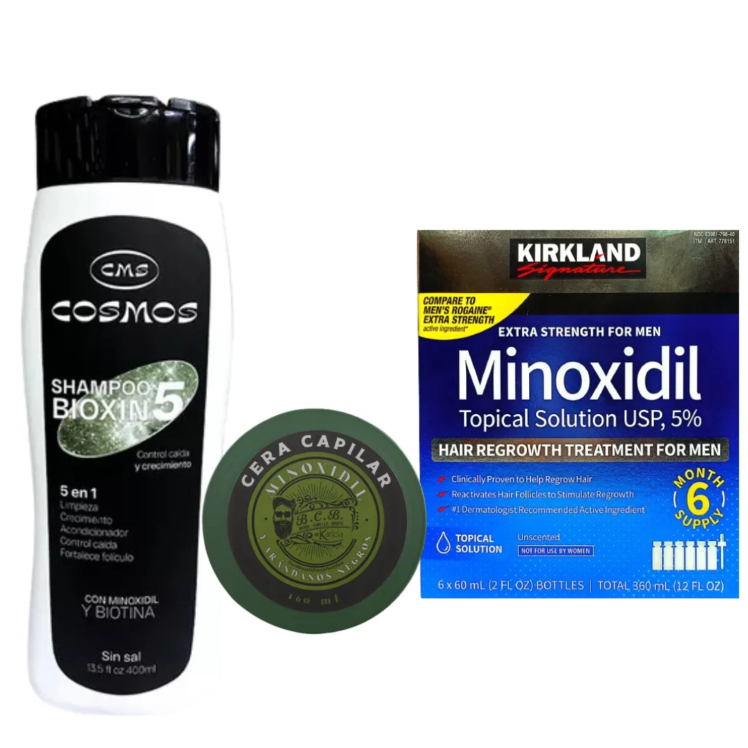 Caja Minoxidil Kirkland x 6 Und + Shampoo Anti Caida+ Crema para Peinar con Minoxidil