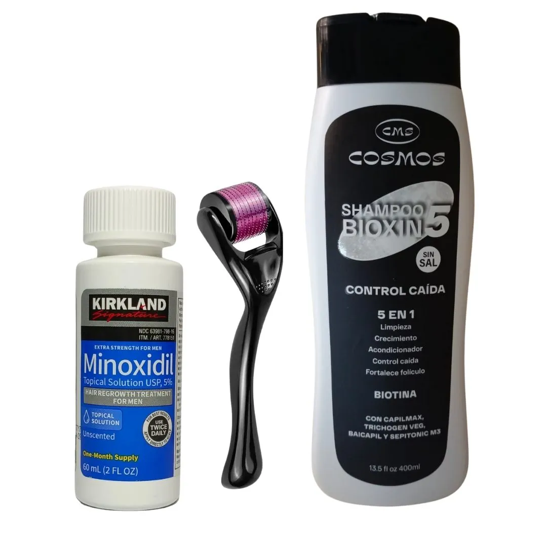 Kit Crecimiento 1 minoxidil 5% + 1 dermaroller + 1 Shampoo Crecimiento Bioxin 5