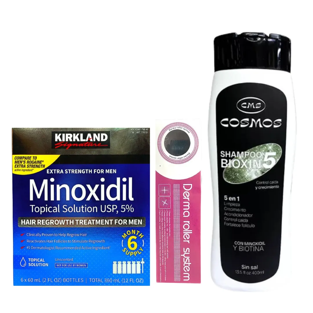 Caja Minoxidil 5% Kirkland x 6 Und + Dermaroller 0.5 + Shampoo Anti Caida