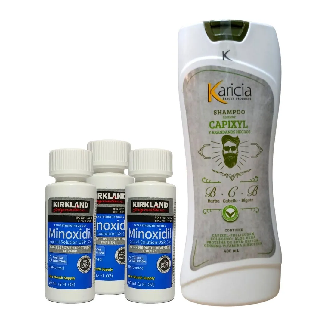 Kit Crecimiento y Anti Caida Minoxidil 5% Kirkland x3 Und + Shampoo Anti Caida Karicia H