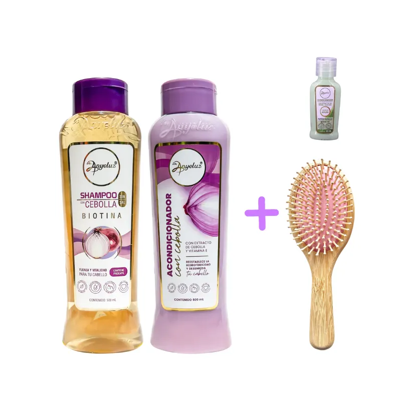 Kit Champú y Acondicionador Cebolla + Cepillo de Bambú + Mini ANYELUZ