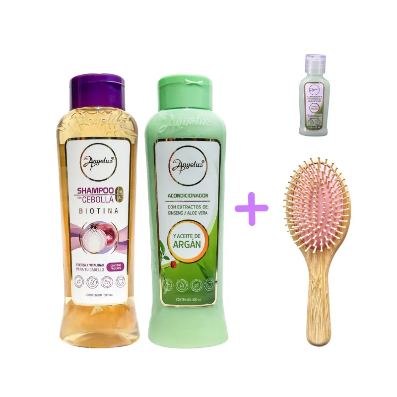 Kit Champú Cebolla + Acondicionador Aloe + Cepillo de Bambú + Mini ANYELUZ