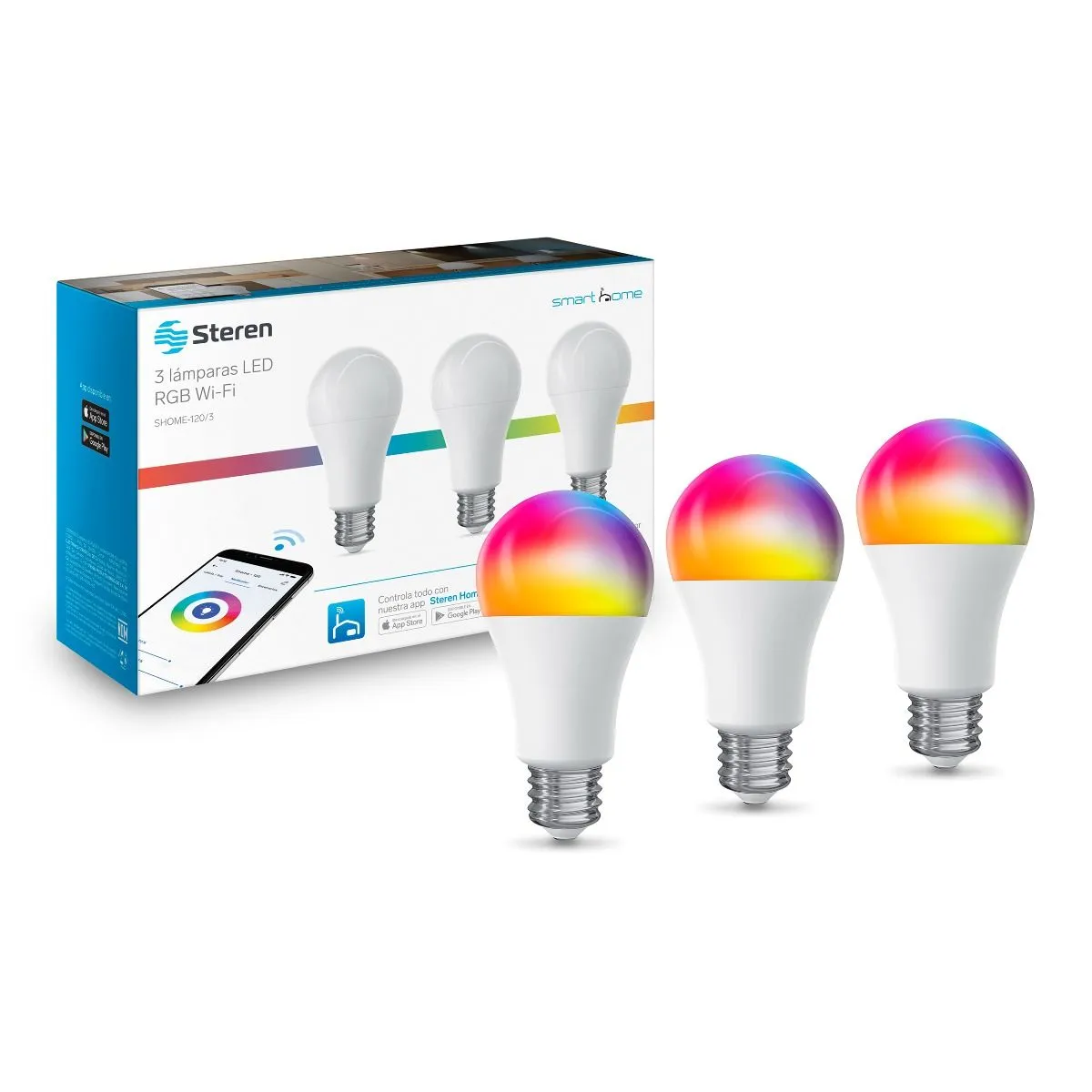 3 Bombillos Focos Led Wifi Rgb 10w Smart Home Steren