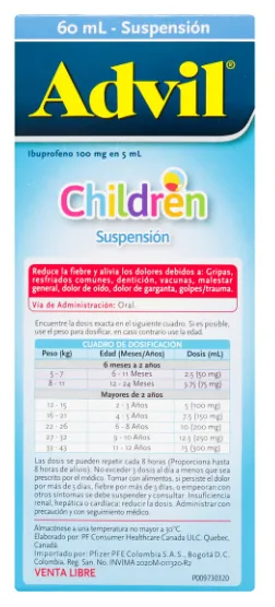 Advil Children Suspensión Fiebre Dolor Niños De  6Mese -12 Años Sabor A Frutas Jarabe 60Ml Pfizer