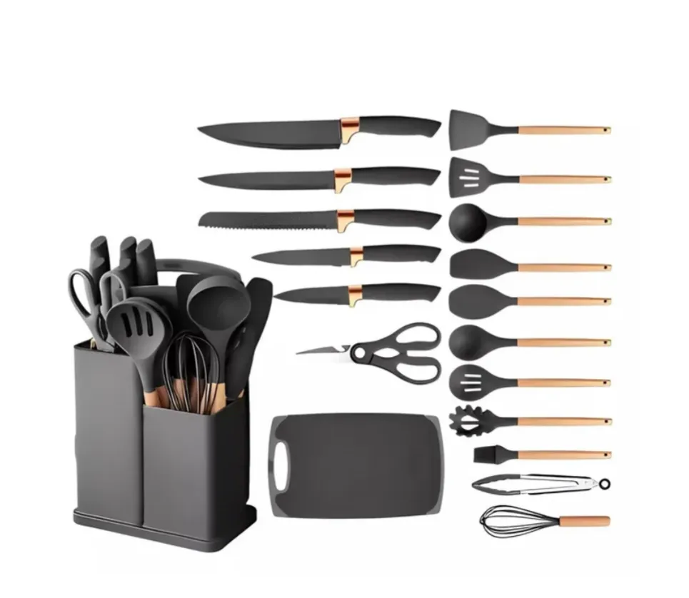 Set Utensilios Cocina Silicona + Set Cuchillos X19 Pcs