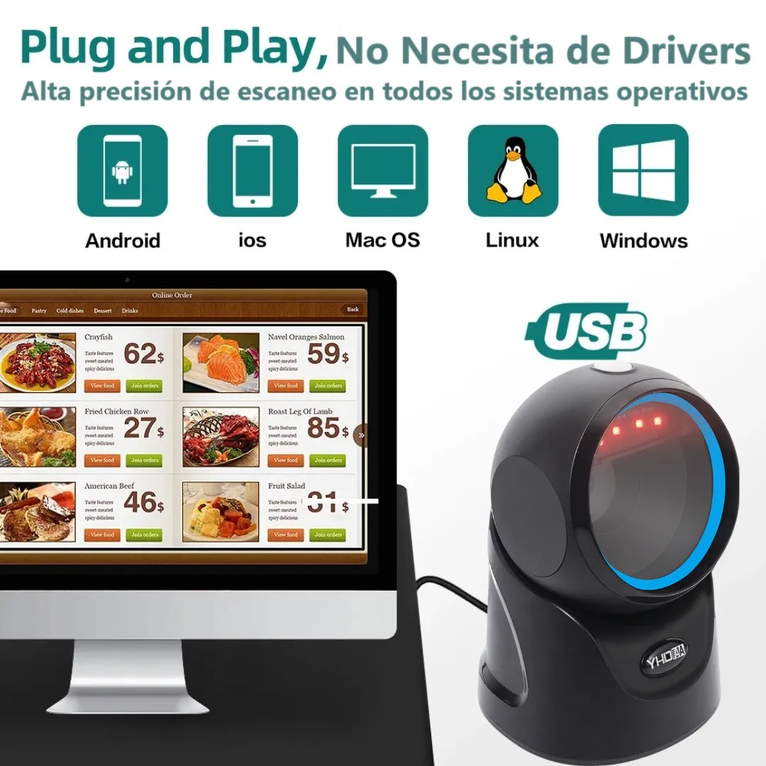 Lector Escáner De Códigos De Barras Omnidireccional USB Con Base Color Negro, Lectura Rápida de Códigos 1D, 2D, QR y PDF417, Para Comercios, Supermercados, Almacenes, Bodegas, Lectura Super Rapida 