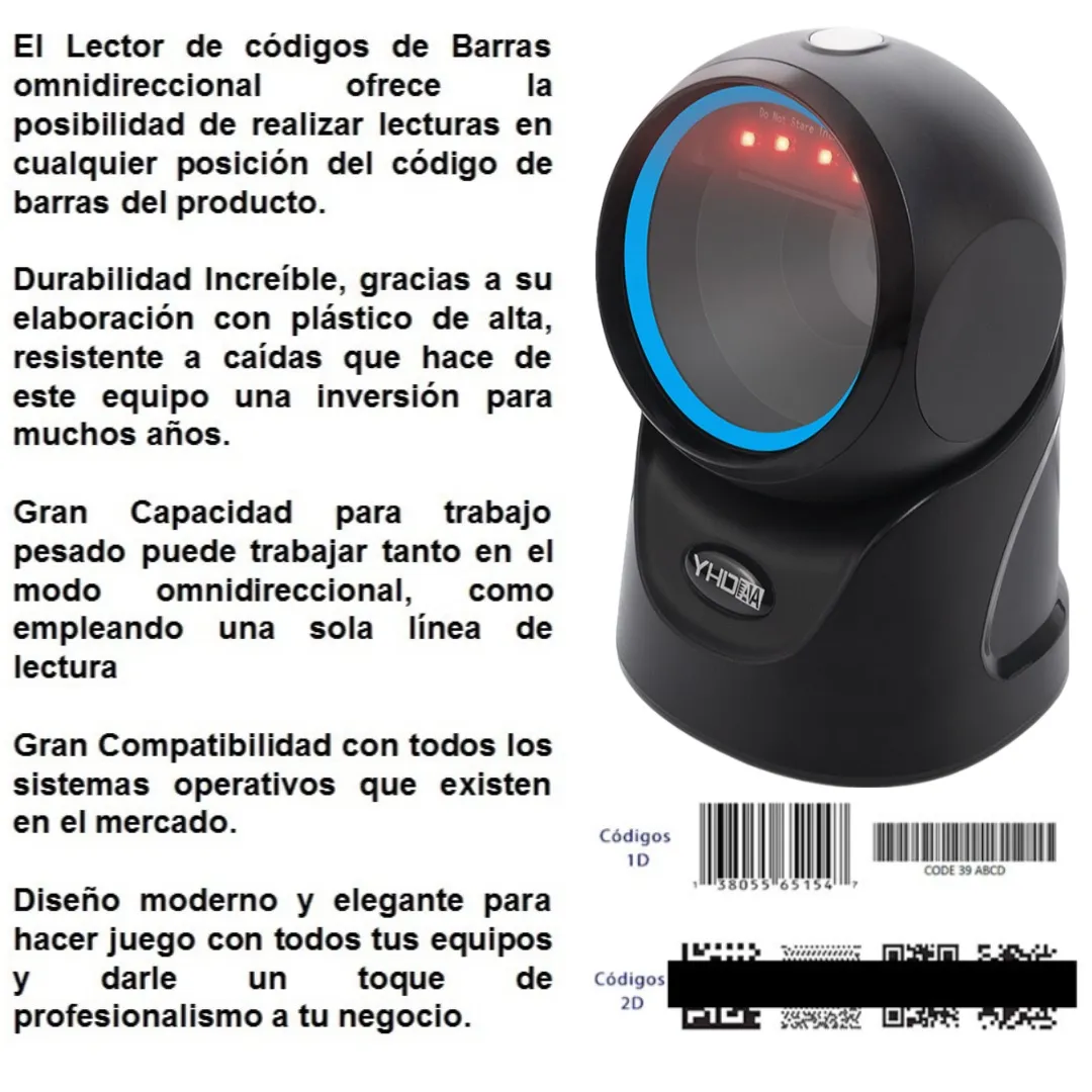 Lector Escáner De Códigos De Barras Omnidireccional USB Con Base Color Negro, Lectura Rápida de Códigos 1D, 2D, QR y PDF417, Para Comercios, Supermercados, Almacenes, Bodegas, Lectura Super Rapida 