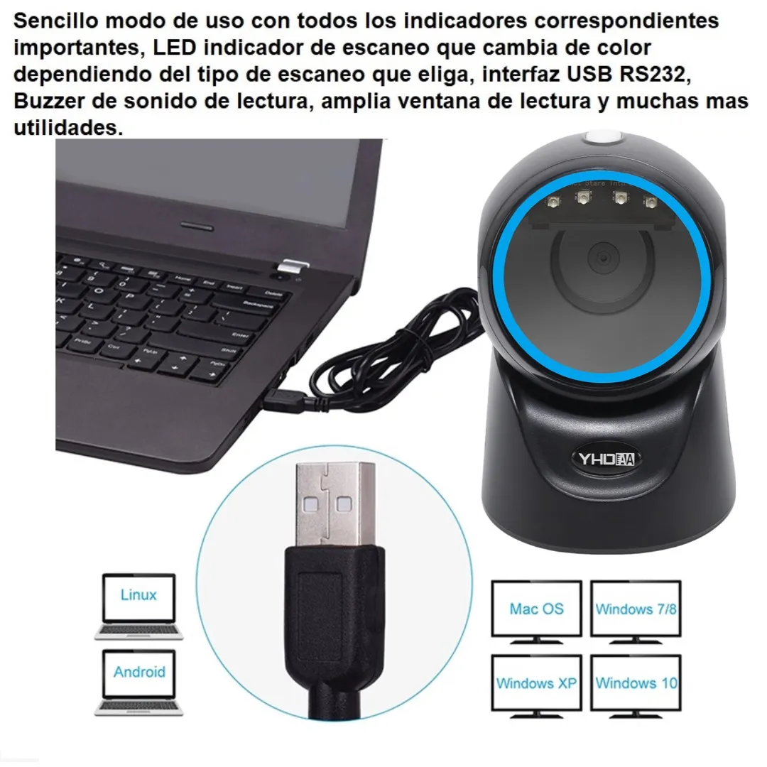 Lector Escáner De Códigos De Barras Omnidireccional USB Con Base Color Negro, Lectura Rápida de Códigos 1D, 2D, QR y PDF417, Para Comercios, Supermercados, Almacenes, Bodegas, Lectura Super Rapida 