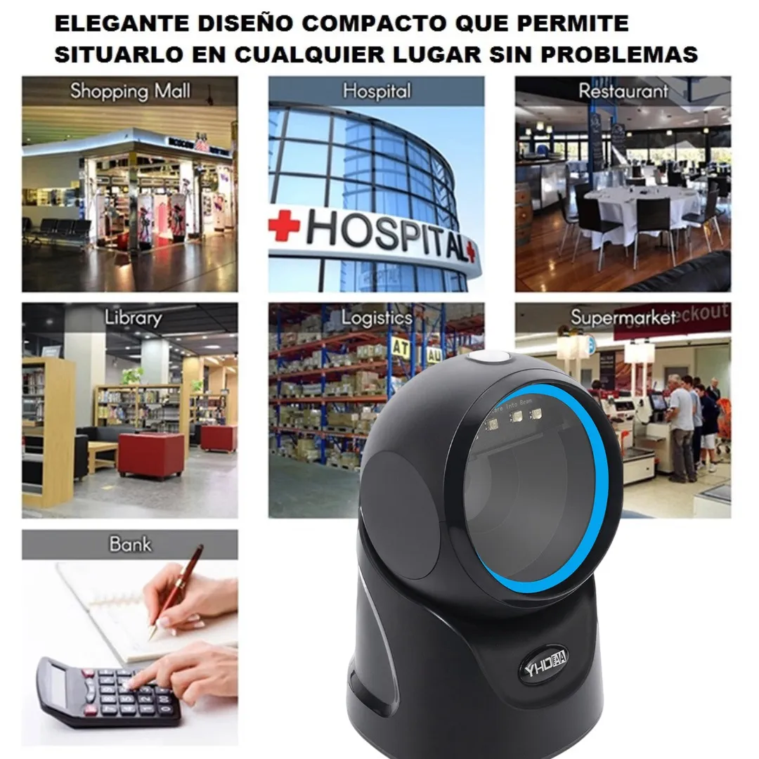 Lector Escáner De Códigos De Barras Omnidireccional USB Con Base Color Negro, Lectura Rápida de Códigos 1D, 2D, QR y PDF417, Para Comercios, Supermercados, Almacenes, Bodegas, Lectura Super Rapida 