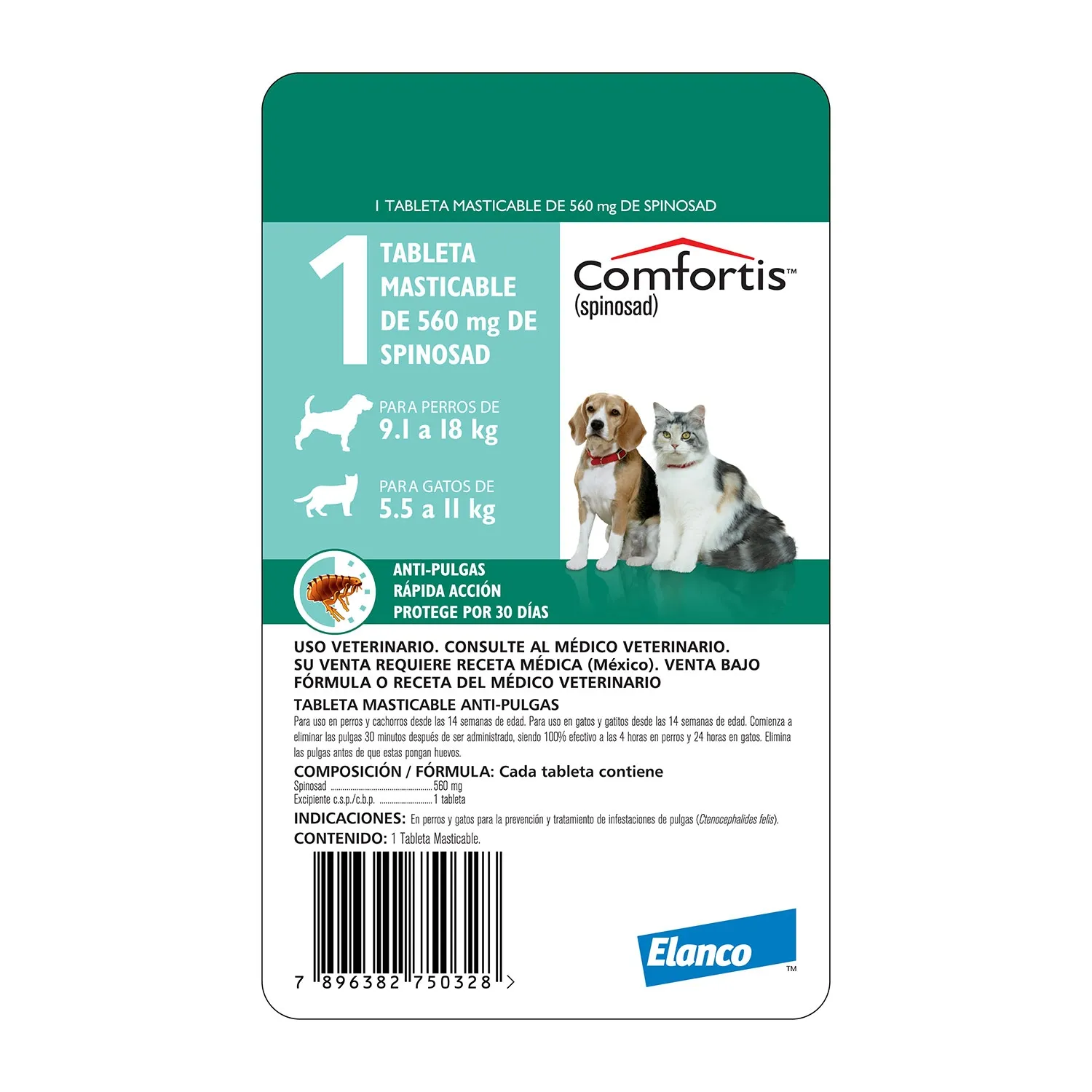 Comfortis Antipulgas para Perros  De: 9.2kg a 18kg Gatos  De:5.5kg a 11kg