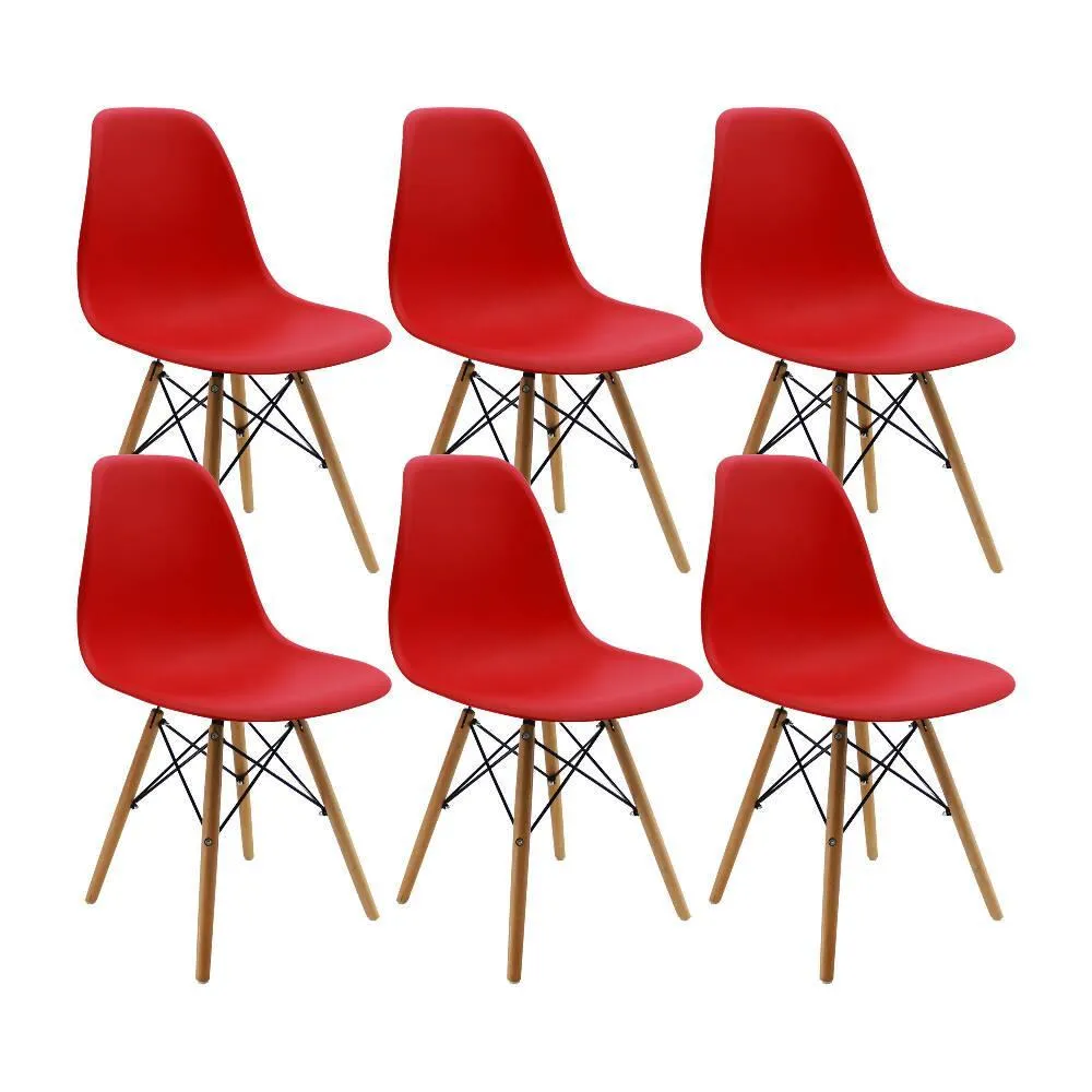 Kit Por 6 Sillas Eames Patas En Madera Para Comedor Roja