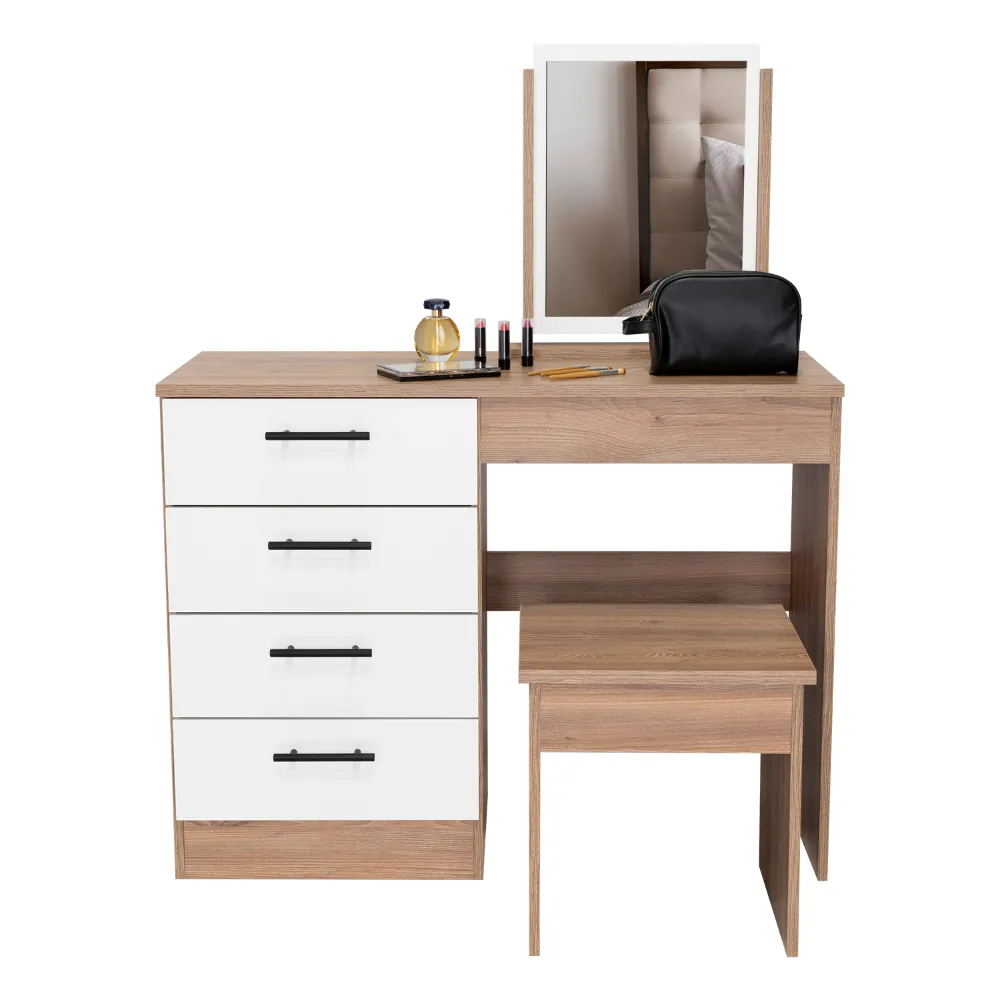 Mueble Tocador Wesley, Miel Y Blanco, Cuatro Cajones Para Ubicar Maquillaje