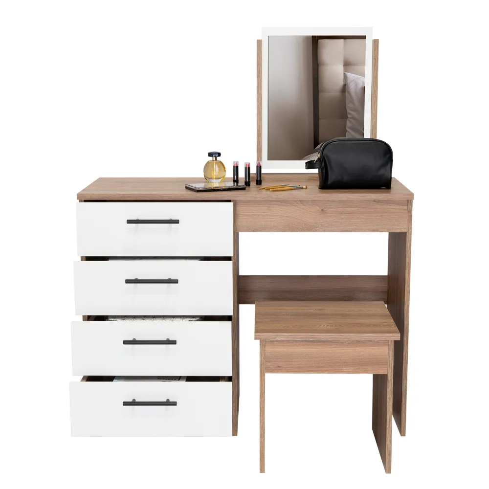 Mueble Tocador Wesley, Miel Y Blanco, Cuatro Cajones Para Ubicar Maquillaje