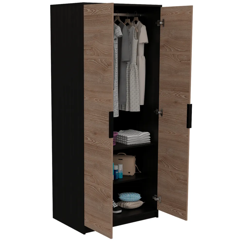 Closet Wesley, Wengue Y Miel, Con Un Tubo Cromado Y Dos Puertas Batientes