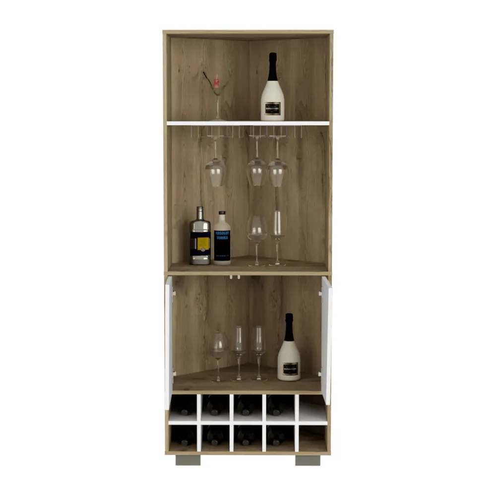 Bar Esquinero Orus, Macadamia Y  Blanco Perla, Con Espacio Para Botellas Y Porta Copas Hc