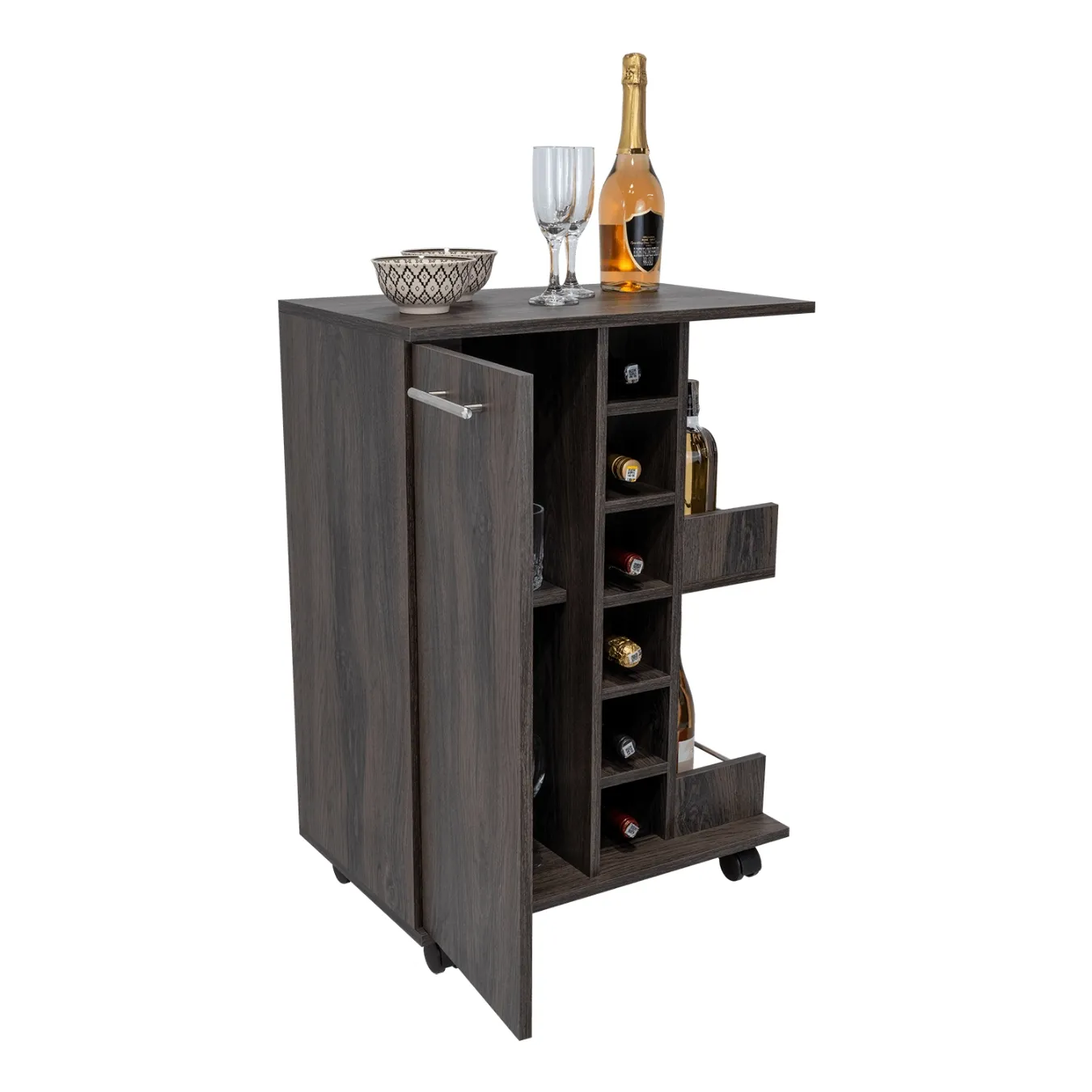 Bar Cart, Grafito, Con Espacio Para Botellas Y Porta Copas