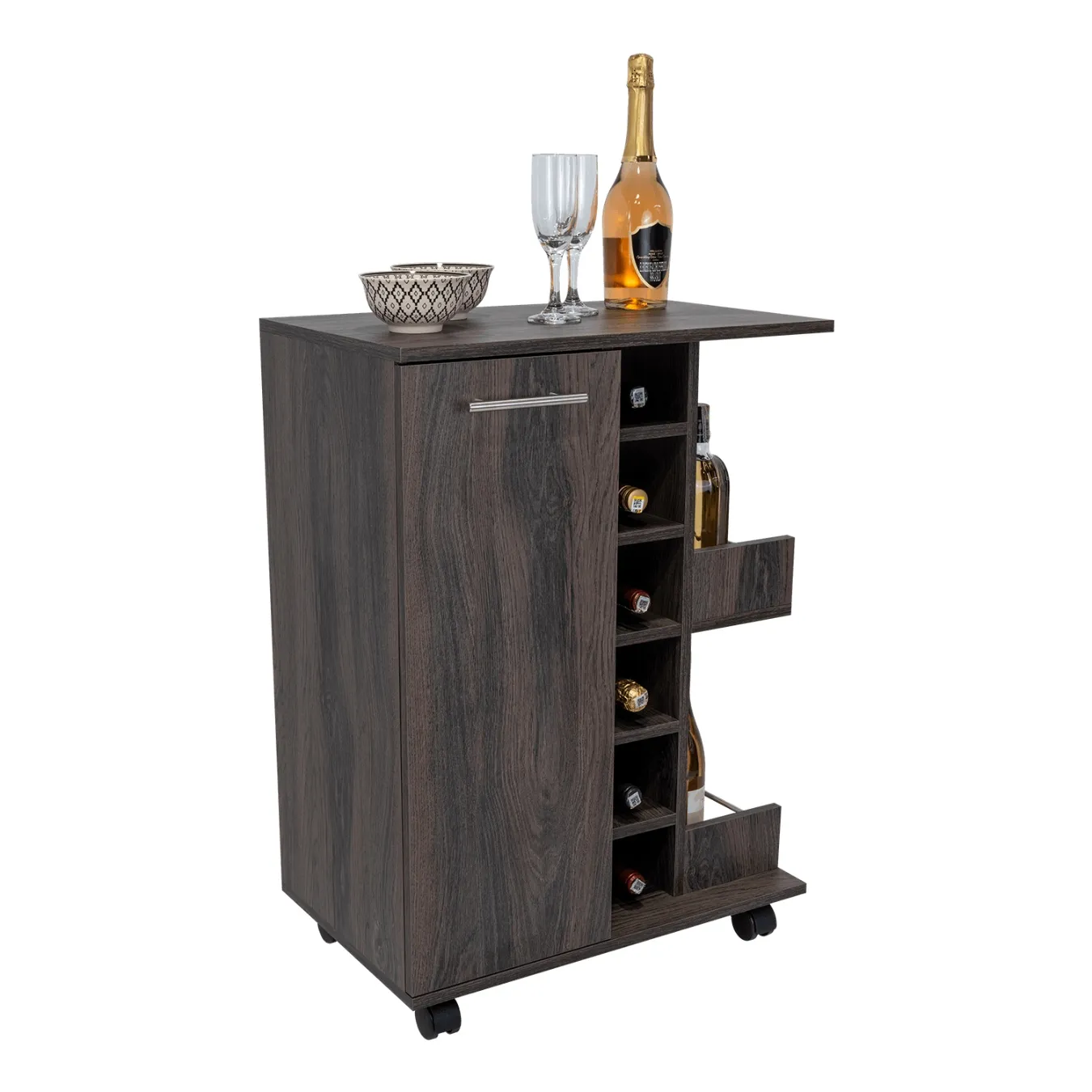 Bar Cart, Grafito, Con Espacio Para Botellas Y Porta Copas